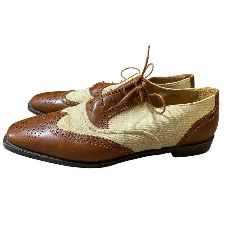 J Peterman Co Mens Spectator Shoes Canvas Leather Wingtip Oxfords Italy 10.5B
